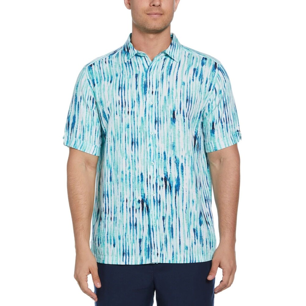 CUBAVERA Button Shirt Mens XL Blue Aqua Watercolor Stripe Short Sleeve